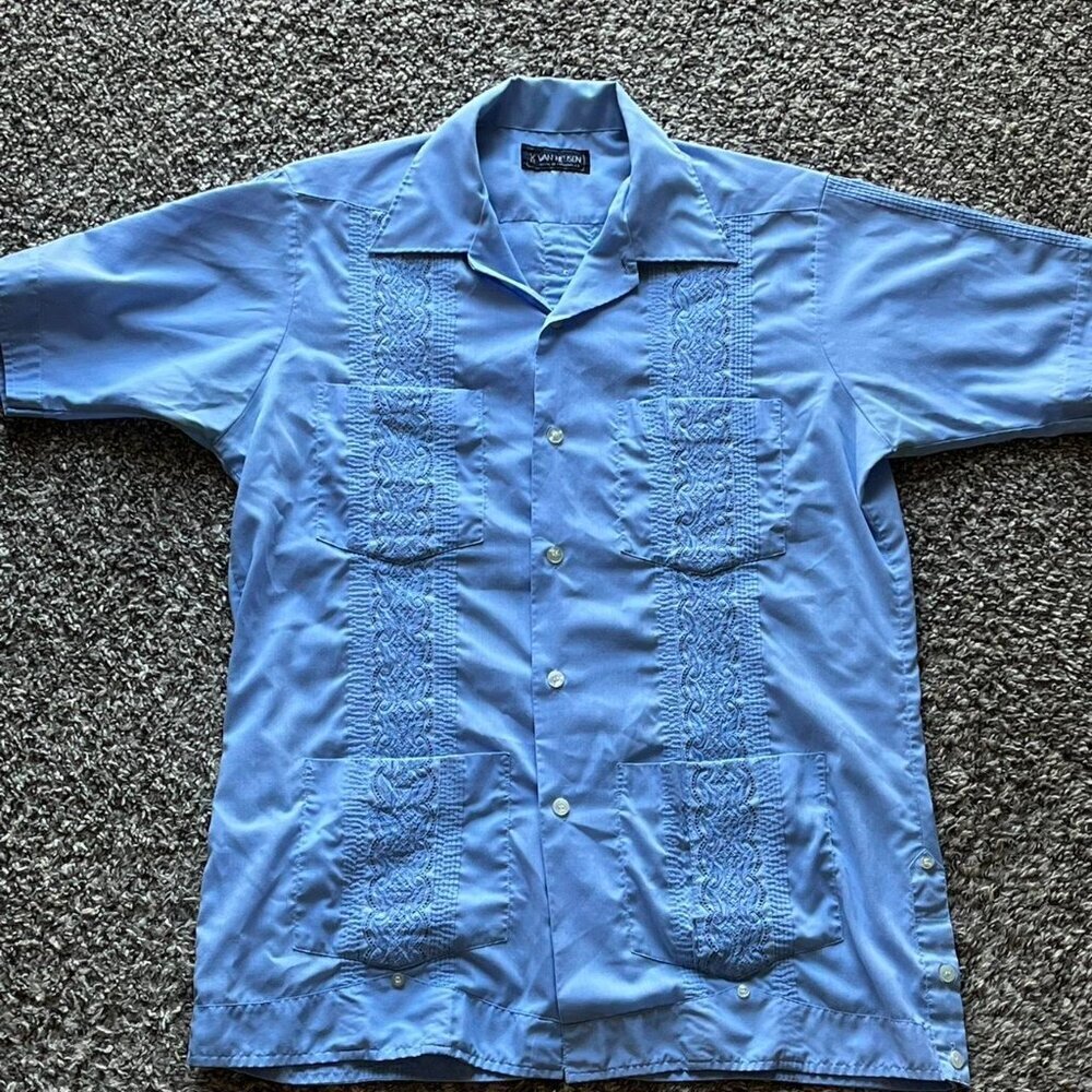 Van Heusen Blue Embroidered Short Sleeve Button-up Lg Shirt Western Boho Cowboy - Picture 2 of 6